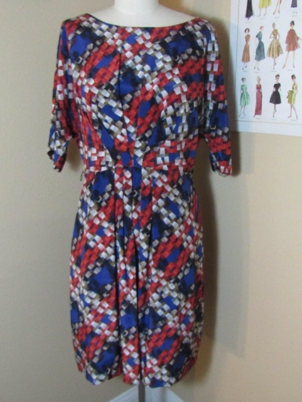 Trina Turk Silk Red, White & Blue Janny Plaid Print Dress w/Short Sleeve Size 10